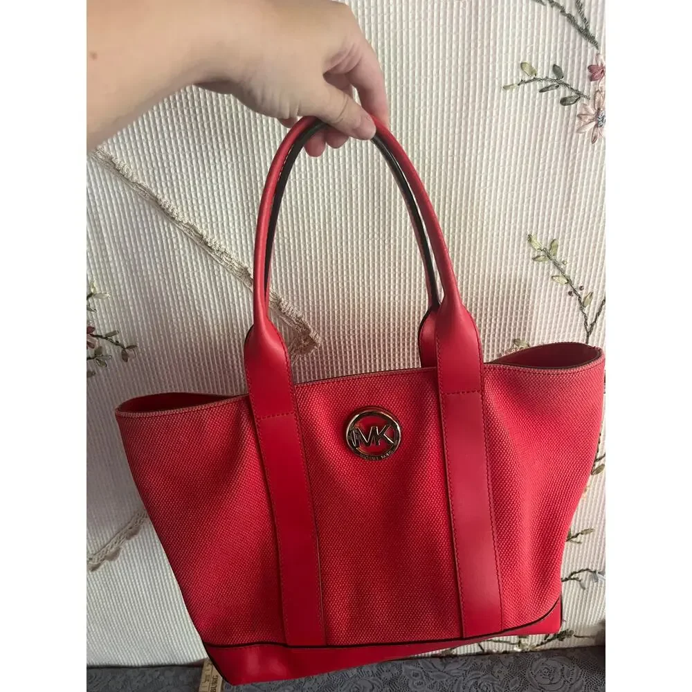 Michael Kors Red Woven Canvas Leather Tote Bag Gold MK Medallion Signature